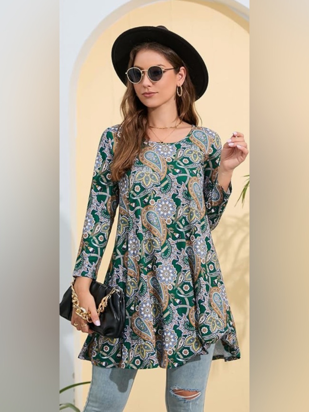 MWT- 2XL Gold Paisley 3/4 Sleeve Tunics Dressy Casual Loose Blouses Swing Flare - Picture 3 of 10